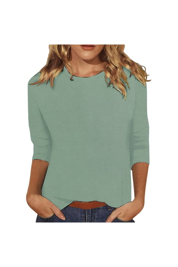 Women 3/4 Sleeve T-Shirts Tops Basic Crewneck Blouses Casual Fit Spring Fall Work Vacation Tops Light Green M