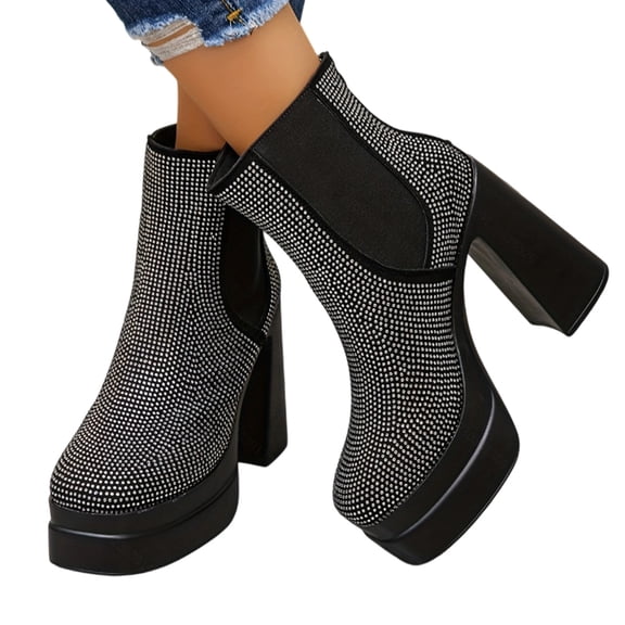 Wovix Women Boots Block Heeled Sparkly Platform Ankle Booties Glitter Shoes Wedding Bride Platform Shoes Carnival Black 42