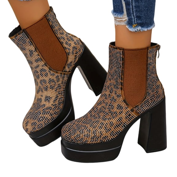 Wovix Women Boots Chunky Block Heeled Sparkly Platform Ankle Booties Glitter Shoes Wedding Bride Platform Shoes Carnival Brown 39