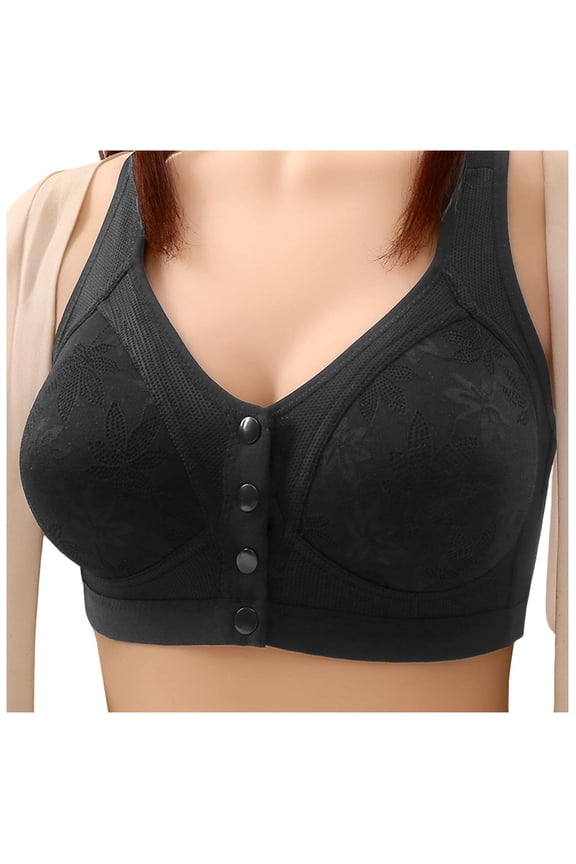 Women Bras Front Closure Push up No Underwire Snaps Adjustable Strap Breathable Full Coverage Bra Black 46