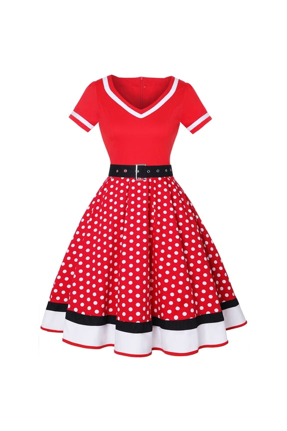 Women Causal Vintage 1950s Retro Rockabilly Swing Dress Polka Dots Dress with Belt Party Wear Dresses