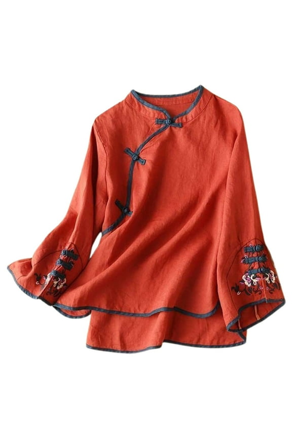 Women Chinese Traditional Suit Shirts Embroidery Cotton Linen Bell Long Sleeve Crewneck Blouse Button Hanfu Cheongsam Tops Red XXL