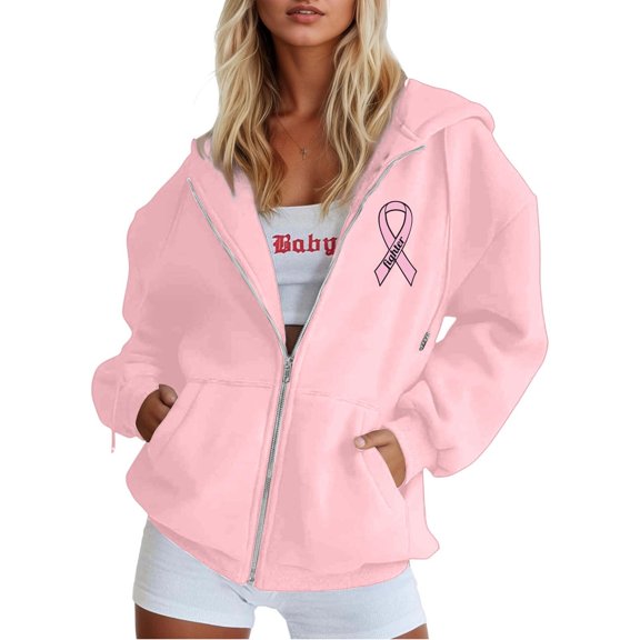 Wovix Women Cool Shirts Fasion Long Sleeve Ladies Cancer Pink Ribbon Heart Ribbon Full Zip Hoodie