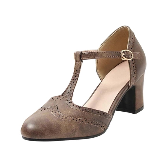 Wovix Women Elegant Pumps Classic T-Strap Platform Mid-Heel Square Toe Oxfords Dress Shoes Plaid Breathable Daily Work Shoes