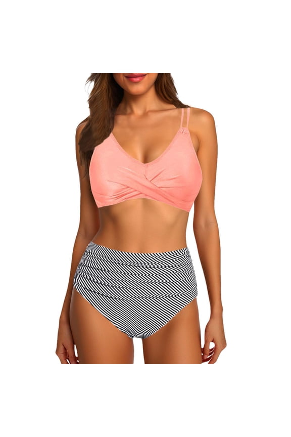 Women Girls Swimsuit V Neck Bikini Set Color Block with Cover Up 2PCS Bathing Suits