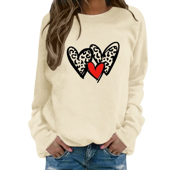 Wovix Women Heart Graphic Sweatshirt Long Sleeve Crewneck Cute Heart Pullover Tops Basic Soft Daily Romantic Sweater Valentine's Day Oversized Casual Couple Tees