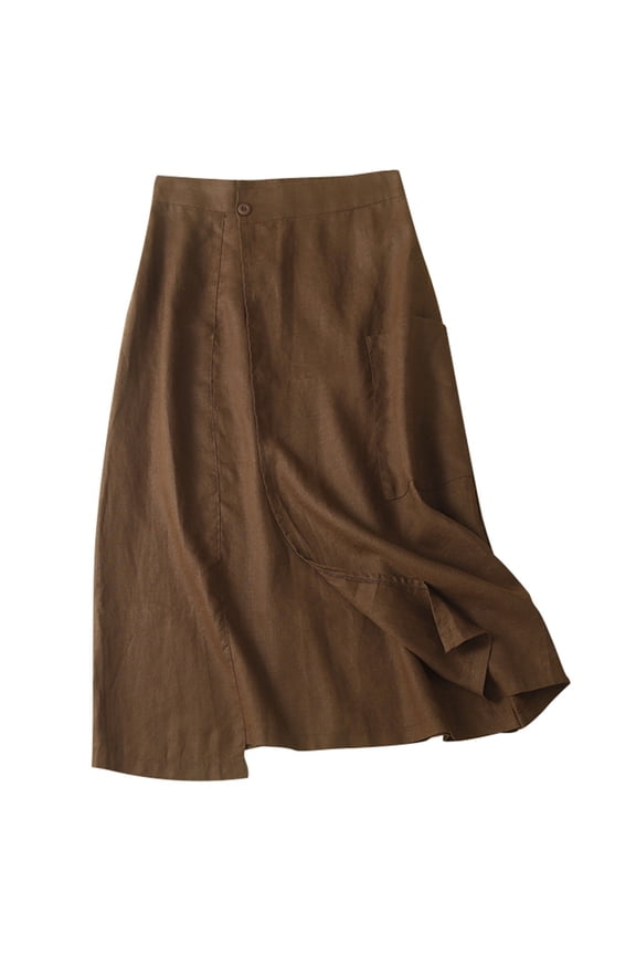 Women Linen Skirts Summer A Line Flowy Casual Drawstring High Waist Button Down Midi Skirts with Slit