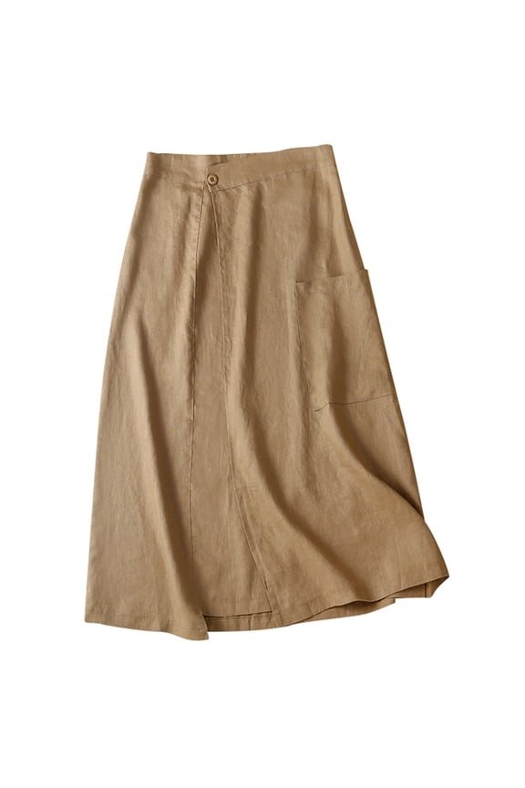 Women Linen Skirts Summer A Line Flowy Casual Drawstring High Waist Button Down Midi Skirts with Slit