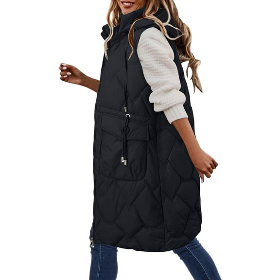 Wovix Women Long-Length Puffer Vest Quilted Hooded Vest Zip Up Sleeveless Pocket Vests Solid Color Outerwear Padded Jacket Warm Winter Coat 2025