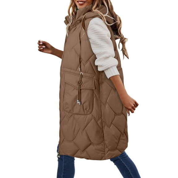 Wovix Women Long-Length Puffer Vest Quilted Hooded Vest Zip Up Sleeveless Pocket Vests Solid Color Outerwear Padded Jacket Warm Winter Coat 2025