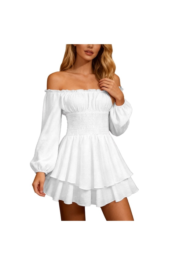 Women Long Puff Sleeve Romper Cold Shoulder Ruffle Dress Flowy Layered Pirate Jumpsuit Playsuits Trendy Clothes