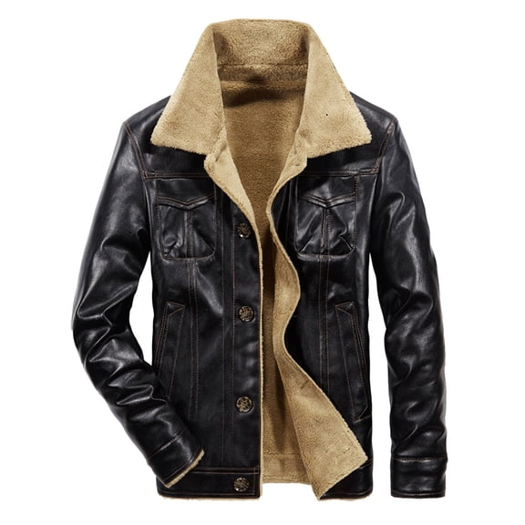 Wovix Women Men Trucker Leather Unisex Jacket Collar Vegan Leather Warm Casual Long Sleeve Coat Basic Trendy Daily Zip Up Thermal Outerwear Daily Work