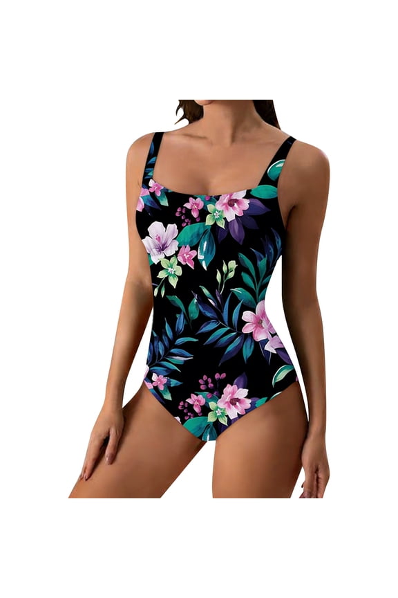 Women One Piece Bathing Suit Tummy Control Swimsuit Slimming Vintage Floral Graphic Swimwear