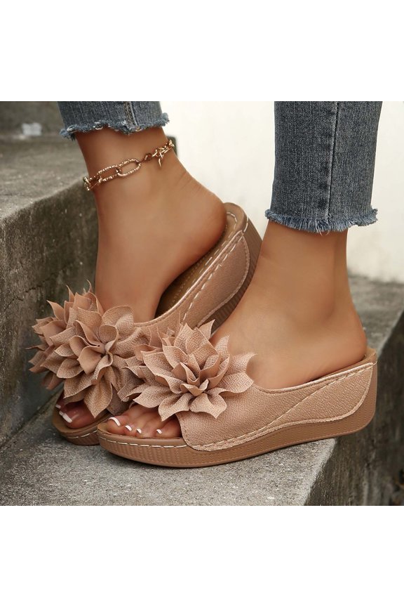 Women Platform Sandal Summer Slip On Open Toe Low Heel Slippers With Floral Design Breathable Casual Beach Slide Shoes Pink 37