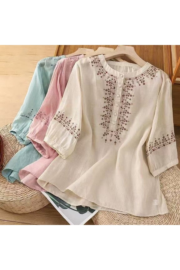 Women Plus Size T-Shirts Retro Embroidered Boho 3/4 Sleeve Crewneck Dressy Casual Blouses Loose Floral Gauze Tunics Tops Pink XXXL