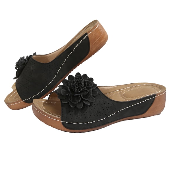 Wovix Women'S Slipper Flower Design Artificial Leather Trendy Work Party Wear Beach Shoes Arch Support Open Toe Footwear Daily Wear Black 37
