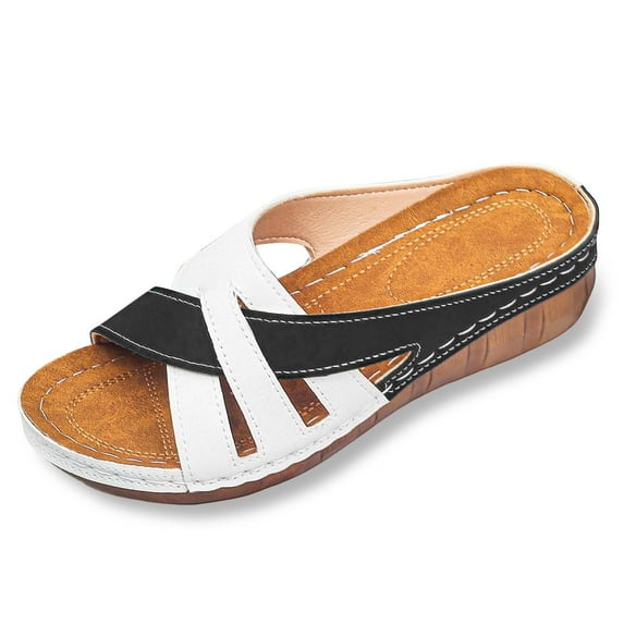 Wovix Women'S Slipper Open Toe Color Block Crossband Walking Sandals Wedge Platform Casual Shoes Indoor Outdoor Shoes Black 37