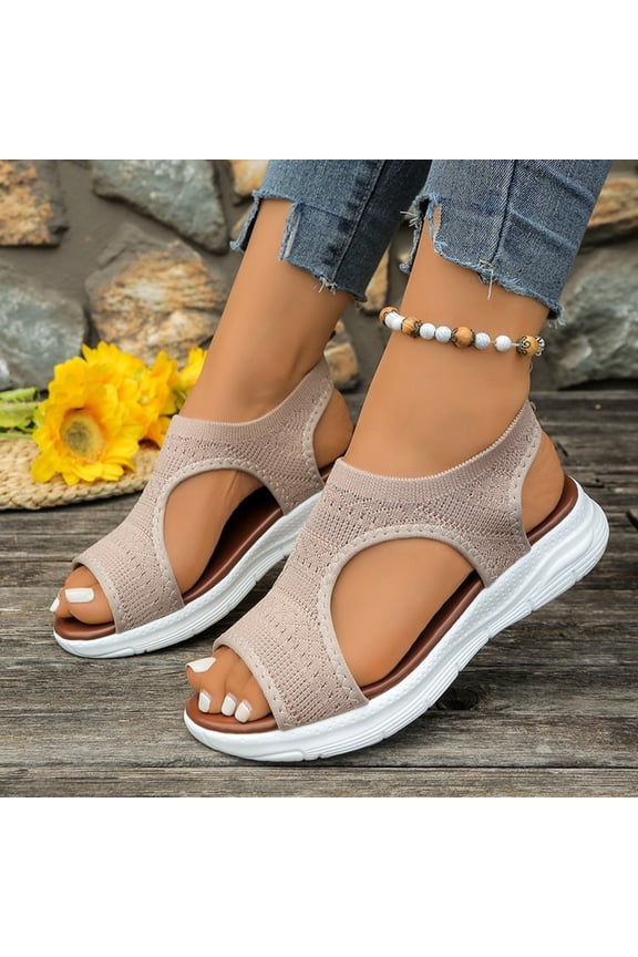 Women Sandals Knitted Arch Support Comfy Slippers Elastic Strap Casual Comfort Summer Beach Walking Footwear Khaki 41