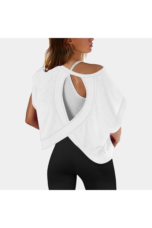 Women Short Sleeve Shirts Open Back Crewneck Tops Casual Yoga Y2k Slouchy Crop Workout Tees White M