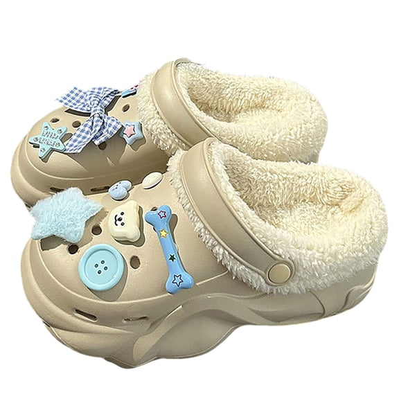 Wovix Women Slipper Memory Foam Slippers With Removable Cartoon Charms Winter Indoor Outdoor Slip On Clogs For And Streetwear Khaki 35