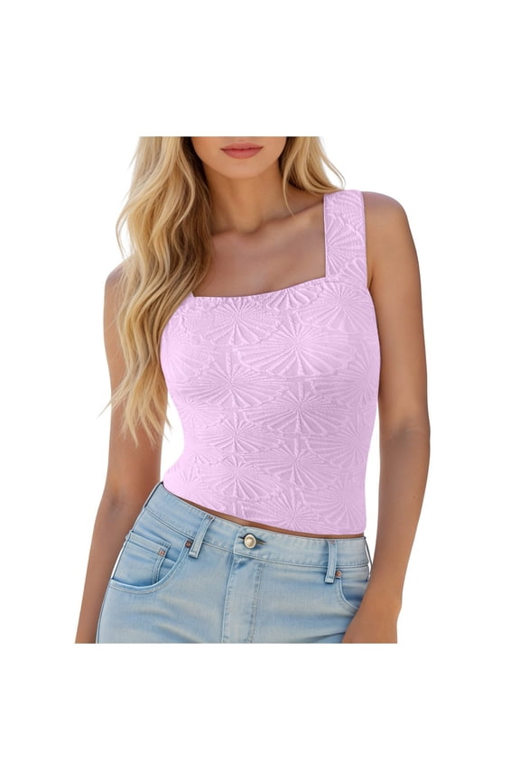 Women Solid Cropped Tank Top Square Neck Wide Strap Camisole Slim Fit Solid Simple Comfy Daily Tops Pink XXL