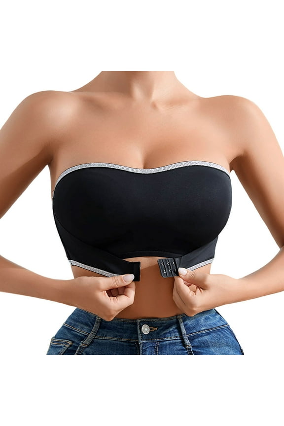 Women Strapless Bra Solid Simple Crossover Side Closure Non- Padded Bandeau Bras Wireless Tube Bra Wedding Party Wear Black M