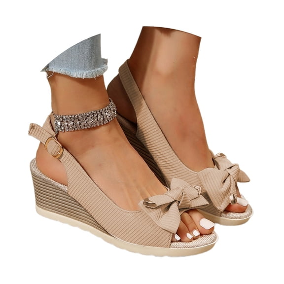 Wovix Women Trendy Sandals Fashion Summer Solid Bow Fabric Open Toe Buckle Wedge Heel Wedge Trendy Shoes Casual Daily Wear