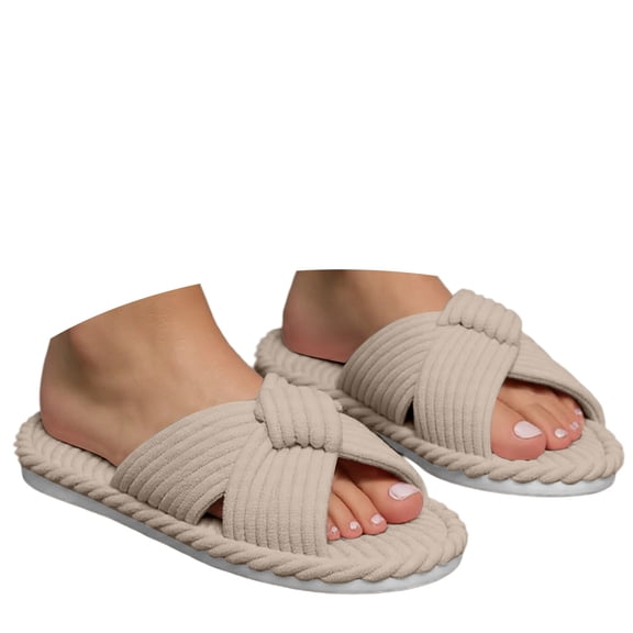 Wovix Women Trendy Sandals House Slippers Corduroy Cross Bow Open Toe Slip On Bedroom Shoes Indoor Outdoor Shoes