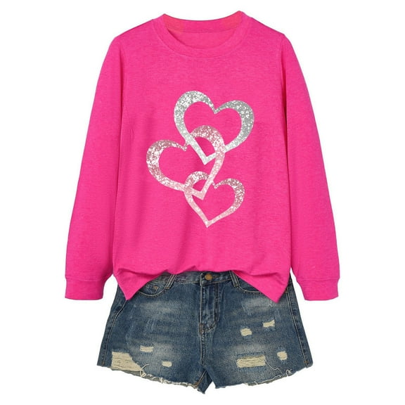 Wovix Women Valentines Sweatshirt Basic Soft Casual Tees Long Sleeve Heart Graphic Loose Pullover Crewneck Outfits Trendy Tee Gifts