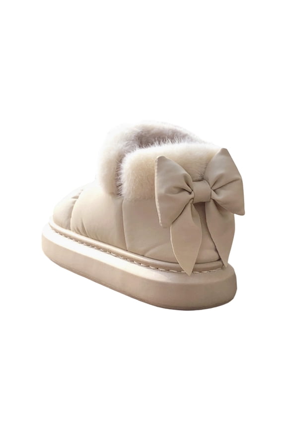 Women Winter Warm Boots With Satin Bow Knit Lined Insoles Thick Boots For Outdoor Wear Cozy Heeled Boots Comfortable Daily White 38