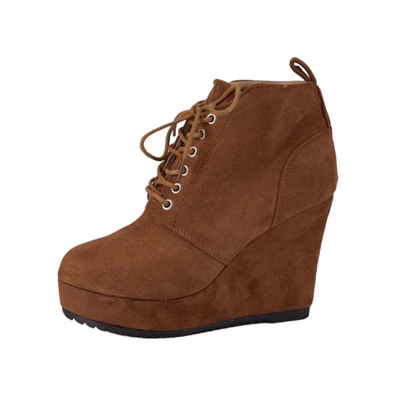 Wovix Women's Ankle Boots Wedge Platform Bootie Round Toe Lace up Wedge Heels Boots for Party Evening Shoes Trendy Daily Work Brown 37
