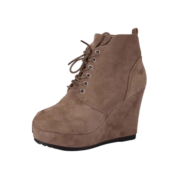 Wovix Women's Ankle Boots Wedge Platform Bootie Round Toe Lace up Wedge Heels Boots for Party Evening Shoes Trendy Daily Work Khaki 37