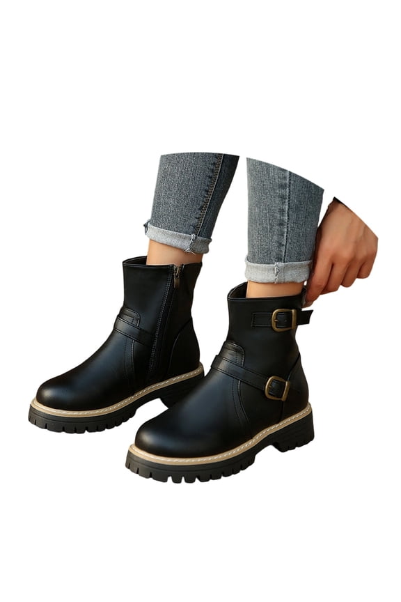 Women's Ankle Short Round Toe Booties Low Heel with Zip Trendy Streetwear Shoes Black 38