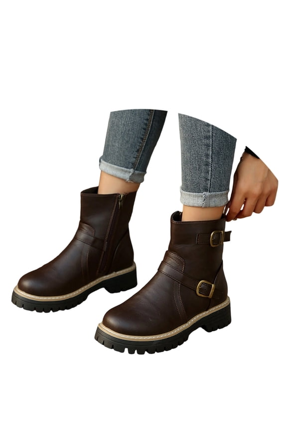 Women's Ankle Short Round Toe Booties Low Heel with Zip Trendy Streetwear Shoes Brown 36