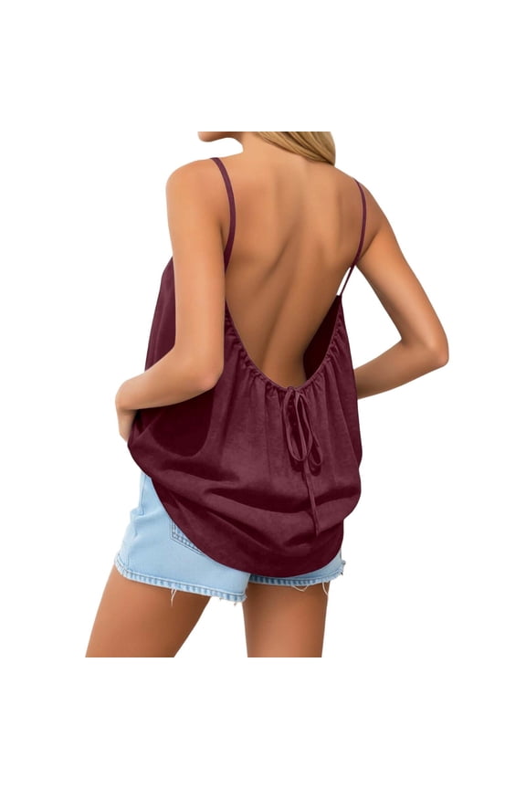 Women's Backless Loose Shirt Sleeveless Open Back Cross Tee Crewneck Solid Plus Size Blouse Home Beach Wear Tops XXL