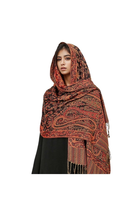Women's Border Pattern Layered Reversible Woven Shawl Scarf Wrap Stole Long Blanket Paisley Trendy Scarf Winter Gifts Neckwarmer