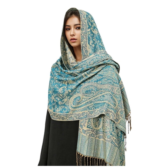 Wovix Women's Border Pattern Layered Reversible Woven Pashmina Shawl Scarf Wrap Stole Long Blanket Paisley Trendy Scarf Winter Gifts Neckwarmer