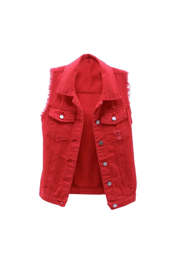 Women's Casual Jacket Candy Color Slim Fit Sleeveless Distressed Denim Jean Vest Jacket Solid Color Trendy Easy To Matcb Button Down Collar Streetwear