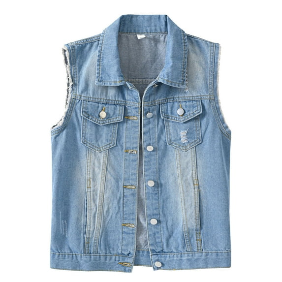 Wovix Women's Casual Lapel Denim Vest Jacket Vintage Slim Fit Sleeveless Ripped Jeans Vests Basic Plaid Button Down Trendy Daily Streetwear Tops