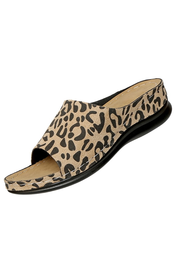 Women's Comfort Slide Sandal Leopard Print Leather Sandal Casual Footwear
