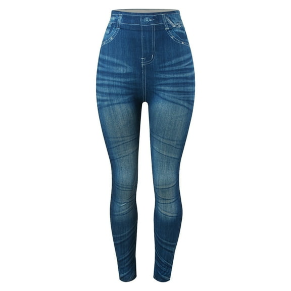 Wovix Women's Denim Print Jeans Seamless Lined Leggings Full Length High Waist Band Style Basic Soft Daily