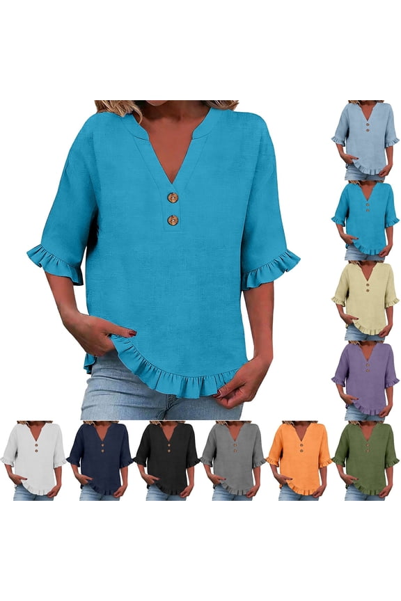 Women's Elbow Sleeve V Neck Shirts Button Tunic Blouse Solid Simple Casual Plus Size Tops Sky Blue L