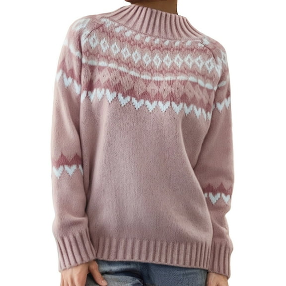 Wovix Women's Fair Isle Mock Neck Sweater Long Sleeve Casual Loose Fall Winter Knit Pullover Basic Soft Warm Sweater For Daily