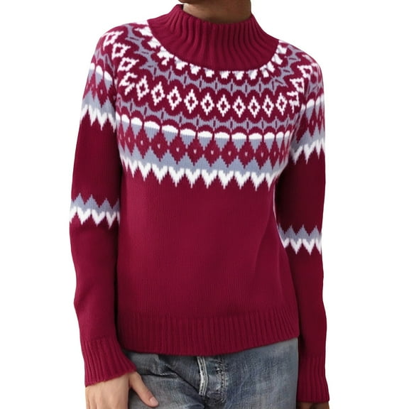 Wovix Women's Fair Isle Mock Neck Sweater Long Sleeve Casual Loose Fall Winter Knit Pullover Basic Soft Warm Sweater For Daily