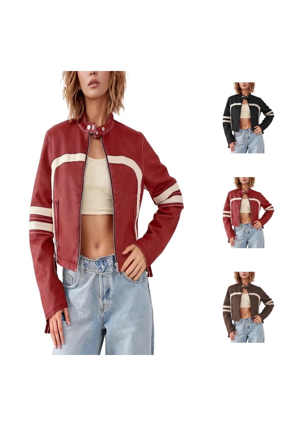 Women's Faux Leather Jackets Zip Up Stand Collar Cropped Motocross PU Coats Long Sleeve Solid Basic Trendy Streetwear Outerwear with Pocket Spring Fashion Clothes