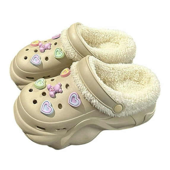 Wovix Women's Indoor Outdoor Fluffy Clogs Slippers Trendy Streetwear Soft Convenient Shoes Platform Shoes Removable Lining Home Shoes Khaki 37