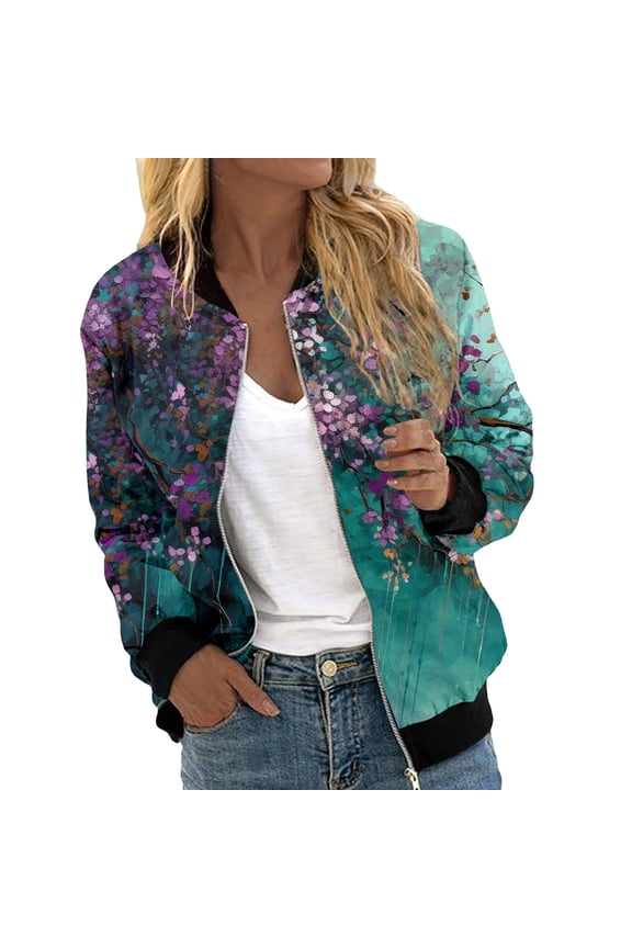 Women's Floral Print Bomber Jacket Casual Lightweight Vintage Zipper Front Coat Lightweight Long Sleeve Outerwear Windbreaker Tops Daily Streetwear