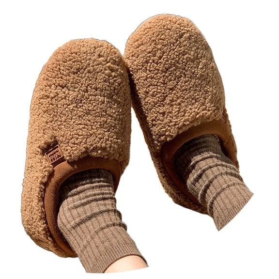 Wovix Women's Fuzzy Curly Memory Foam Loafer Slippers with Polar Fleece Lining Solid Trendy Streetwear Indoor Outdoor Shoes Brown 34-35