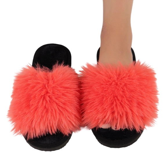 Wovix Women's Fuzzy Fluffy Furry Slippers Flip Flop Open Toe Cozy House Memory Foam Anti- Spa Indoor Outdoor on Shoes
