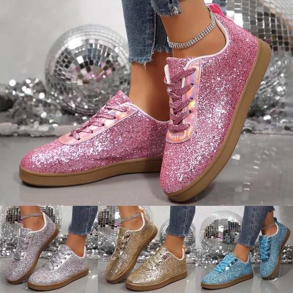Wovix Women's Glitter Sparkly Fashion Sneakers Shoes Shiny Casual Shoes Bling Sequin Concert Low Cut Lace up Shoes Soft Trendy Streetwear Shoes For Party Show